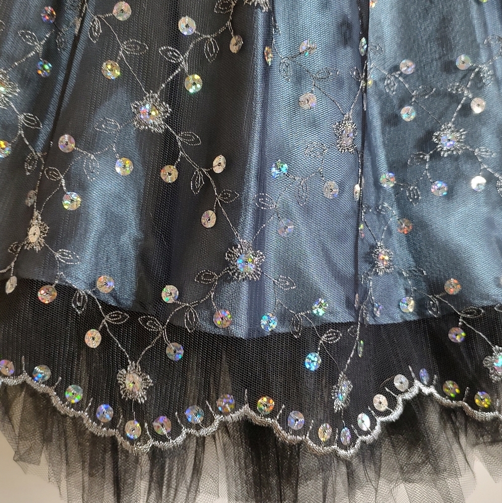 Jessica McClintock Midnight Blue Strapless Satin Sequin Dress - Picture 2 of 12